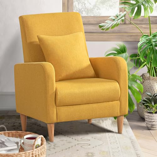 COLAMY Sessel Wohnzimmer, Moderner Einzelsofa für Schlafzimmer, Gepolsterter Akzentstuhl mit Kissen, Stoff Leseecke Seitenstuhl mit Weicher Memory-Schaum Loungesitz für Büro/Schlafzimmer, Gelb