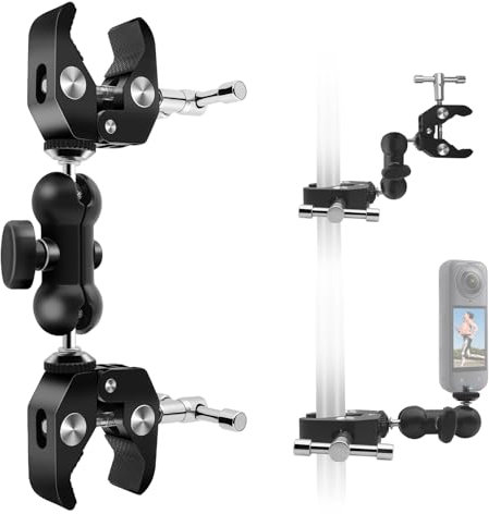 Double Metal Super Clamp Mount,360° Magic Arm with Dual Ball Heads for Camera, Light Stand, Monitor, Reflector, Umbrella Holder,Fits 0.47-2.17 Poles,Motorcycle,Desk,Tripod,Studio(Max Load 6.61LB)