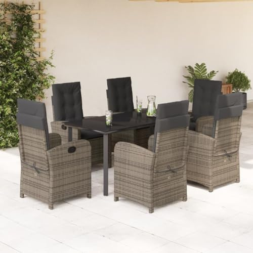 QJBSAVVA 7-TLG. Gartenmöbel Set Grau Poly Rattan mit Verstellbarer Lehne 160 x 80 cm Glastisch Lounge Sitzgruppe für Balkon Terrasse Camping