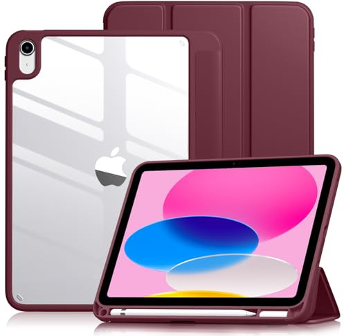 Vobafe Custodia per iPad A16 11ª/10ª Generazione (2025/2022) con Porta Stilo, Cover iPad 11 Pollici con Retro Trasparente in PC, Supporta Touch ID e Sonno/Sveglia Automatici, Vino Rosso