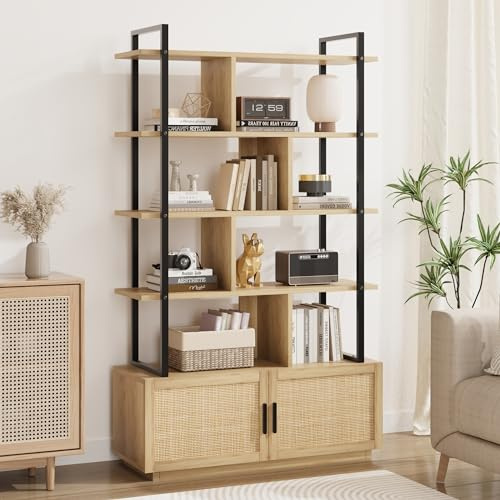 GarveeHome Rattan Bookshelf, Bookcase with Storage Cabinet, Metal Frame Wooden Display Storage Shelving Unit, 5 Tier Wooden Ladder Shelf for Living Room Bedroom Office Hallway 110 x 30 x 180 cm