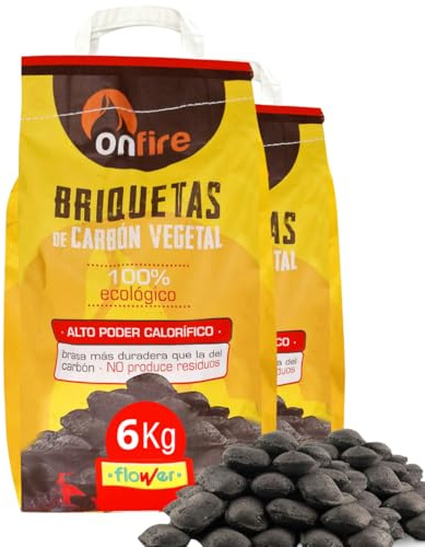 FLOWER Briquettes de charbon végétal pour barbecue, barbecue 100 % naturel, 6 kg, charbon de bois, barbecues et cheminées sans additifs chimiques ni minéraux | Braises en 20 minutes | Facile et rapide