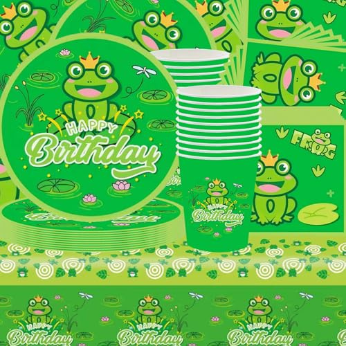 61 Stück Frosch Wald Party Geschirr Set, Tier Thema, Teich grün Dekoration, Geburtstag Party Dekoration, Essdeck, Papierbescher, Handtücher, Karton, für 20 Gäste