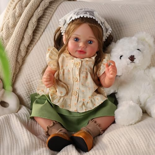 BABESIDE Lebensechte Reborn-Babypuppen 45cm Realistische Babypuppen für Mädchen mit weichem Stoffkörper süßen Langen Braunen Haaren, echte Baby-Puppe mit Zubehör
