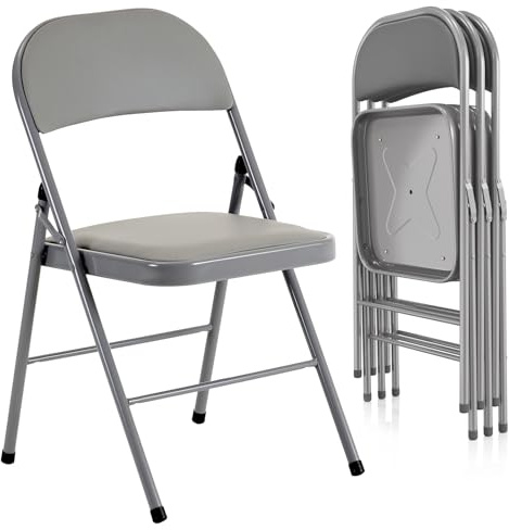 Bonnlo Klappstuhl 4er Set aus Stahl, Gepolsterte Klappstühle mit PVC-Kunstleder, Stabiler Stahlrahmen, bis 159 kg, Faltbarer Stuhl für Veranstaltungen, Messen, Büro & Zuhause, Grau