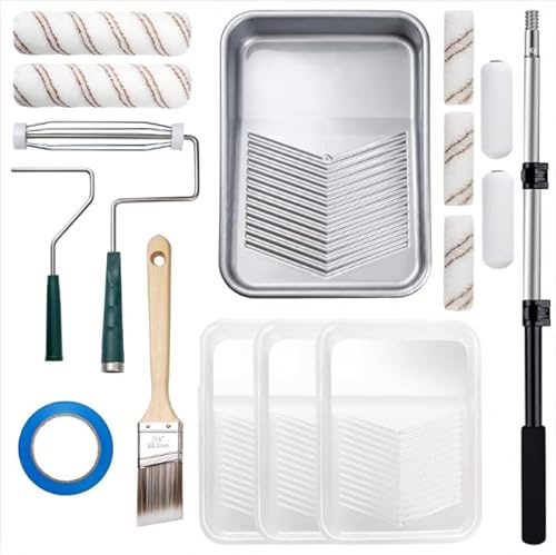 Mister Rui Paint Roller Set, Extendable Roller for Painting, Paint Trays, Paint Brush, 9 Inch 16 Pcs
