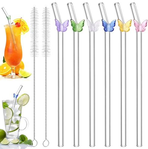 WGIDSKKI 6 Stück Glasstrohhalme Trinkhalme Glas Gebogen, Glas Strohhalme Wiederverwendbar mit Farbigem Musterdesign, Strohhalme mit Reinigungsbürsten für Säfte, Cocktails,Smoothie (Schmetterling)