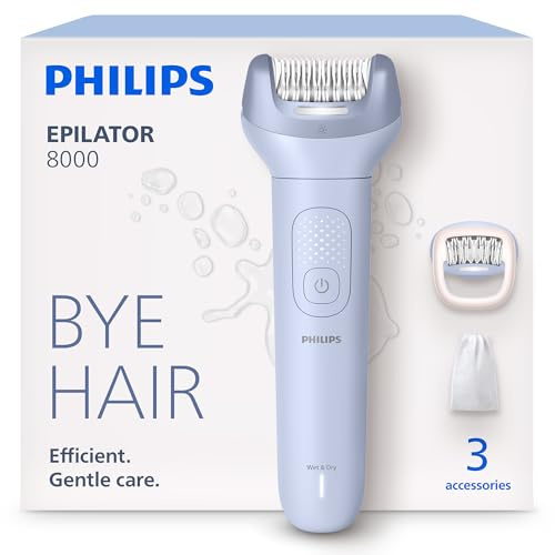 Philips Depiladora Serie 8000 - Depiladora eléctrica inalámbrica en seco y húmedo para piernas y cuerpo, con ProGuide, 3 accesorios, 60 min de tiempo de funcionamiento, modelo BRE708/00