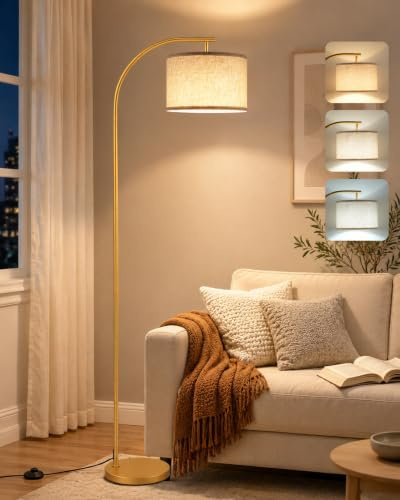 GOEBLESON Lampadaire sur Pied à Abat-Jour en Lin Beige, Or | Douille E27; Protection des Yeux; lampe salon, lampe salon sur pied, lampe de salon; Salon, Chambre; Design Moderne