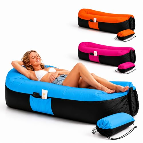 EastCity Luftsofa Aufblasbar mit Kopfstütze und Seitentasche, 230 x 70 cm Aufblasbares Sofa für Camping, Strand und Festival, Air Lounger mit Tragebeutel, Tragbare Aufblasbare Liege, Blau