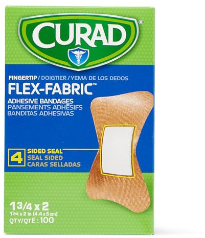 CURAD Flex-Fabric Adhesive Fingertip Bandages, Skin-Friendly Adhesive, 2 x 1.75 Inches, Breathable Fabric, 100 Bandages Per Box