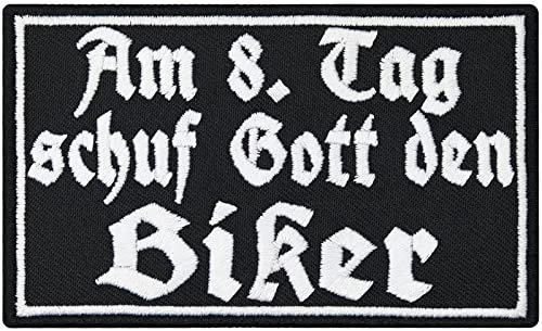 PATCHES Aufnäher -Am 8 Tag schuf Gott den Biker - Motorcycle Rockabilly Anarchy lustige Sprüche Sticker DIY Aufbügler Motorrad Abzeichen zum aufbügeln Aufkleber Applikation Iron on Patch 100x60mm