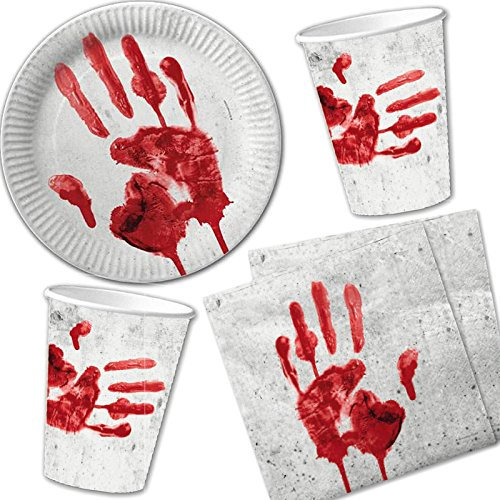 40-teiliges Halloween-Set * BLUTIGE HAND * mit Pappteller + Servietten + Pappbecher + Deko // Teller Becher Essen Pappe Geschirr Party Dekoration Mottoparty Horror