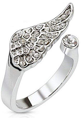 Bungsa Silberner Mittelring Engelsflügel mit Stein Zirkonia Kristall Angel Wing Zehenring Rhodium platiniert