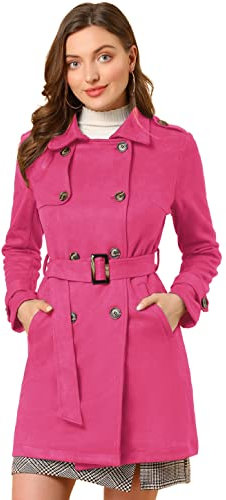 Allegra K Trench-coat à double boutonnage en faux suède avec ceinture manteau pour femmes costume d'Halloween Rose vif L
