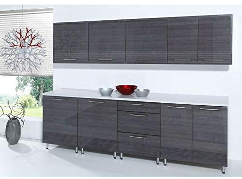 NAKA NEU Küche 260cm Küchenzeile Costa MDF Graphit Hochglanz, montiert