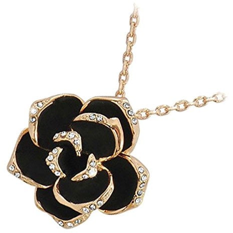 GWG Jewellery Pendant Necklace 18K Rose Gold Coated Rosebud Flower with Black Leaves Graced with Diamond Clear Crystals in Gift Box for Women