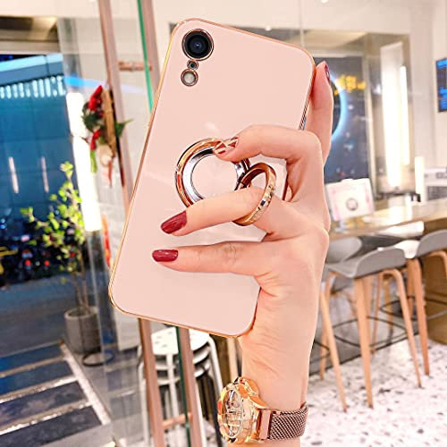 OWM iPhone XR Case with Ring Holder Stand Magnetic Back Silicone Shockproof Gold Edge Luxury Designer Girls Women Soft Protective Phone Cover Compatible for iPhone XR (Blush Pink)