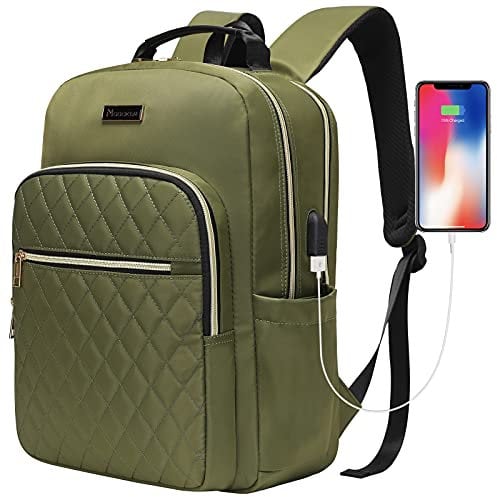 MODOKER 15.6 Inch Laptop Backpack - Quilted Travel Backpack for Women, Green With USB Charging Port