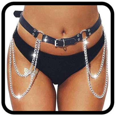 Flovel Punk Leder Taillenkette Geschichtete Körperketten Rave Bauchkette Body Schmuck Taillenketten für Frauen