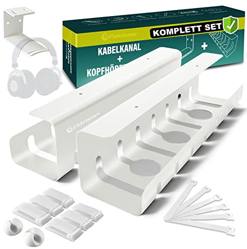 Fidelamo® Kabelkanal Schreibtisch [2 Stück] inkl. Zubehör + Kopfhörerhalter [1 Stück] - Komplettset für effizientes Kabelmanagement - Kabelkorb