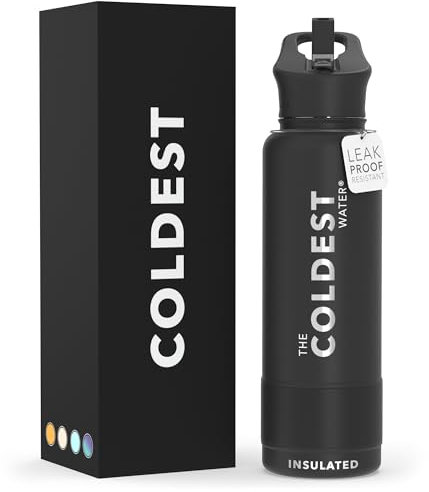Coldest Isolierte Wasserflasche mit Strohhalm-Deckel – Edelstahl-Metall-Isolierflasche für Damen und Herren (Stealth Black, 1,2 l)