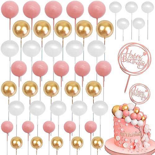 46 Stück Tortendeko Kugeln, Rosa und Gold Kuchen Schaumkugeln Cupcake Topper, Happy Birthday Cake Topper DIY Tortendeko Hochzeit für Hochzeit Hochzeitstag Geburtstag Babyparty
