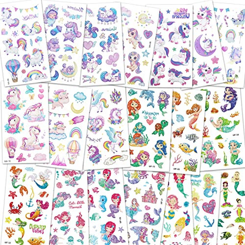 200+ Glitzer Kinder Tattoo Mädchen, Hautfreundliche Einhorn & Meerjungfrau Tattoo Kinder, Glitzertattoos Kinder Set, Kleine Geschenke für Mitgebsel Kindergeburtstag Mädchen
