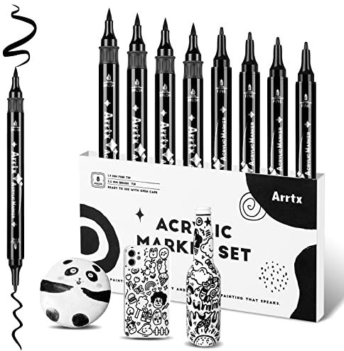 Arrtx Black Acrylic Paint Pens - 8 Pack Brush Tip and Fine Tip (Dual Tip) Black Paint Markers for Rock Painting, Water Based Acrylic Painting Supplies for Drawing, Wood, Graffiti, Canvas, Easter Egg