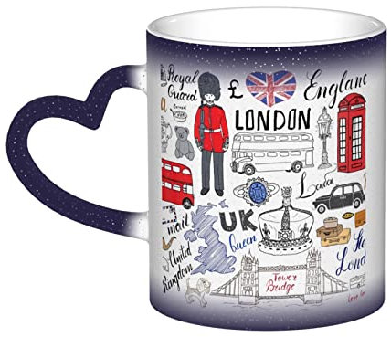 Aseelo Heat Changing Ceramic Mugs I Love London Coffee Cups with Heart-Shaped Handle for Coffee, Drink, Tea, Xmas Party Decoration, Fun Gift