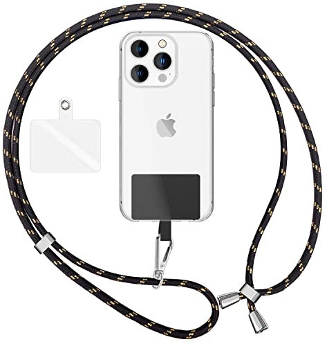 NALIA Lanière Universelle Coloré pour Telephone Portable, Cordon Tour De Cou pour Smartphone, Porte Clef Chaine réglable avec Crochet Métallique e Carte, Sangle pour Épaule, Couleur:Noir Or