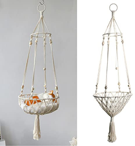 Jiakalamo Macrame Cat Hammock, Handwoven Hanging Cat Bed, Cat Swing for Indoor Cats, Window Perch Wall Hanging Cat Hammock Bed for Sleeping, Playing, Climbing and Lounging(White)