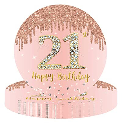 YAAVAAW Happy 21st Birthday Paper Plates 9'' Rose Gold, 16Pcs Girls Party Disposable Tableware, 21st Decorations for Girls, Women, Her Supplies Table