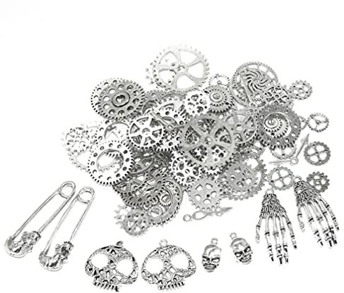 Guoguonb 92 Stücke Retro Zahnräder Schmuck Antik Steampunk Zahnräder Metall Anhänger Uhr Palme Schädel Charm Anhänger für Schmuck Basteln Armband Halskette(Silber)