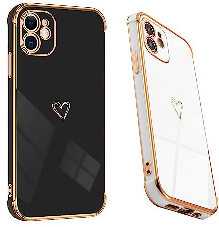 DSOIYIC KARELIFE 2 Stück für iPhone 12 Hülle Herz, Handyhülle iPhone 12 Mädchen Liebe Herzen Muster Galvanisierte Schutzhülle Dünn Weich TPU Stoßfest Case mit Kameraschutz - Weiß & Schwarz