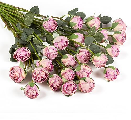 DuHouse 24 Stück Künstliche Rosen mit Langen Stielen – Vintage Seidenrosen für DIY-Sträuße, Hochzeitsdeko, Tischdekoration, Party & Zuhause(Vintage Lila)