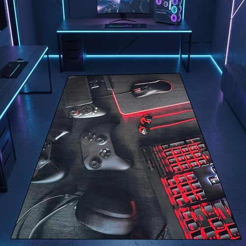 CARPETIA Gamer Teppich Konsole Joysticks Rote Akzente 160x230 cm | Samtig weich, rutschfest, bei 30 °C waschbar, pflegeleicht und strapazierfähig, für Gaming- & Jugendzimmer