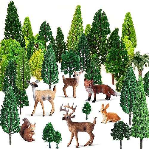 36 Stück Modellbau Bäume, Modell Bäume Miniatur, Ho Scale Büsche mit Tierfiguren, Landschaft Modell Bäume, Mixed Bunt Modell Baum, Zug Bäume, für DIY, Miniaturlandschaften, Kuchenaufsätze (3-12cm)