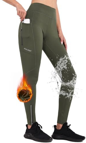 baleaf Winter Fahrradhose Damen Lang mit Reißverschluss am Knöchel Warm Thermoleggins Winter Gefüttert Jogginghose Thermo Laufhose Wasserdicht Outdoor Hosen Winterhose Grün XL