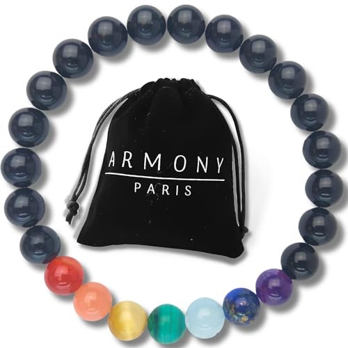 Chakra Armband Echte Steine Yin Yang Damen Männer (L 7 Chakras Schwarz)