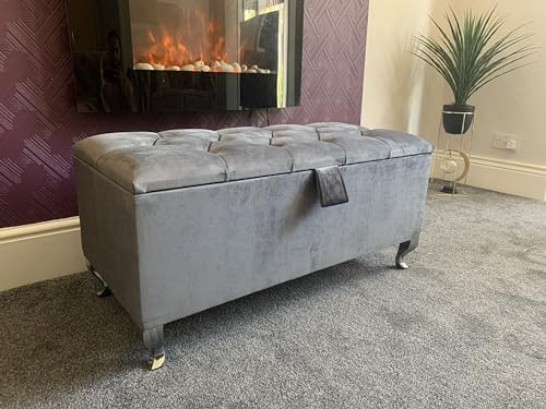 SK LUXURY LIVING Ottoman Storage Box - Engineered Wood Diamond Buttons Luxurious Plush Velvet Ottoman Storage Bench, Perfectly Designed Ottoman for Bedroom Storage (Grey Plush, Legs)