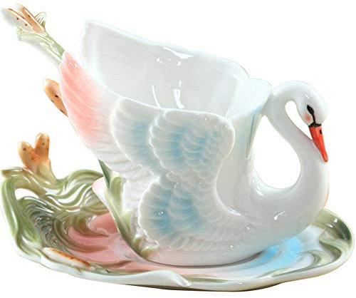 HOLABONITA - 3D Schwan Porzellan Keramik Kaffeetassen Nachmittagstee Tasse und Untertasse Set-2 Set