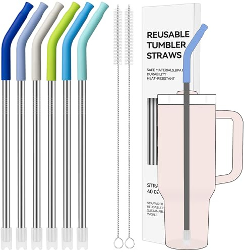 Soledea 40 oz Straight Metal Straws for 40 oz Stanley Tumbler, 6Pcs Stainless Steel Reusable Drinking Metal Straw with Colourful Silicone Tips,Straw for Glass Cups, BPA FREE