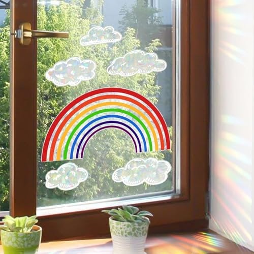 EEEKit Window Stickers, 1 Rainbow Maker and 5 Clouds Window Decals, Stained Suncatchers Glass Art Sticker for Nursery Home Decor