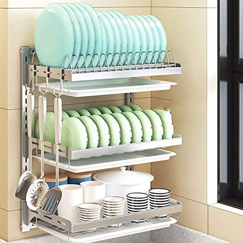 Kitchenware 3-lagiger wandmontierter Geschirrkorb aus Edelstahl 201, mit perforierter Auffangwanne, 3 Haken, 41,2 × 26,6 × 55,5 (Größe: 3 Schichten)