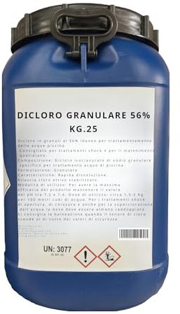 OPIROS Dicloro Granulare 56% Cloro In Polvere HCL Trattamento Shock E Mantenimento Acqua Piscina (25, Chilogrammi)