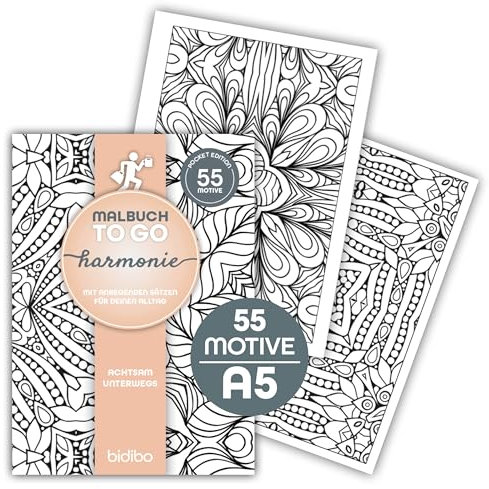 HARMONIE A5 Malbuch to go für unterwegs - 55 Motive und inspirierende Sprüche & Zitate für Erwachsene Frauen, Entspannt auf Reisen, reduziere Stress, Achtsamkeit Ruhe und Kreativität erleben - bidibo