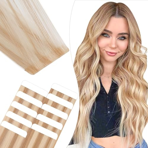 Elailite Tape Extensions Echthaar #27/613 Honigblond+Hellblond, 10 Stück Unsichtbar Kleber Haarverlängerungen 20g, 25cm Genähtes Haar Glattes Invisible