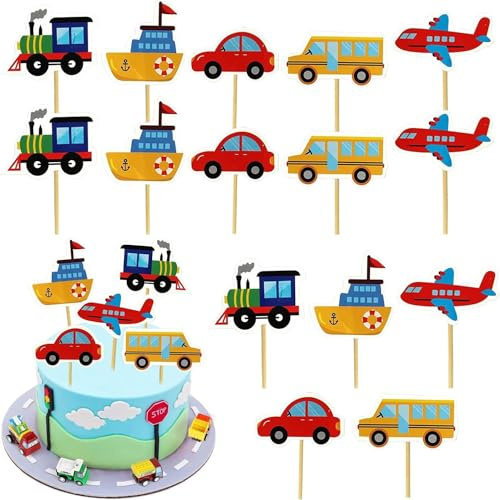 MHDAMAI Transport Kuchendeckel,Transport Cupcake Toppers 30 Stück Auto Bus Zug Flugzeug Schiff Kuchen Topper für Kinder Geburtstag Party Torte Deko Supplies,Kuchendeko