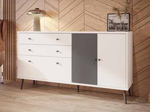 Forte Harllson, einfache Montage Dank EasyKlix Kommode Weiß mit Uni Wolfram Grau, Sideboard mit 2 Schubladen und 3 Türen, skandinavischer Stil, Retro, 160 cm breit x 86 cm hoch x 41 cm tief